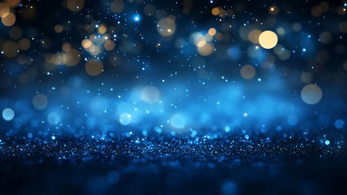 Blue bokeh lights over glittering surface at night.
