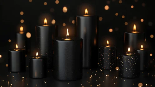 Black pillar candles glow softly amid warm bokeh lights