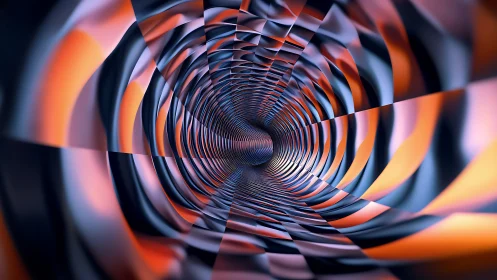 Cylindrical tunnel of twisted orange and blue ribbons.