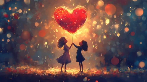 Two figures holding illuminated heart balloon against bokeh background.