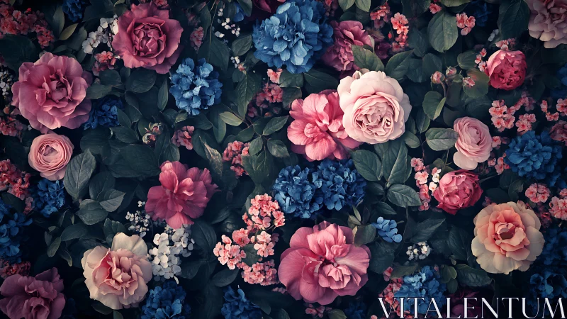Floral composition with pink and blue blooms arranged densely on dark background.
