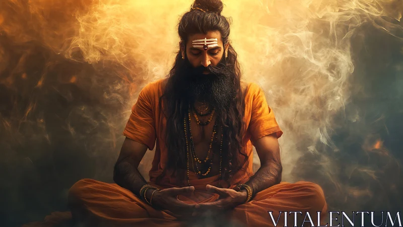 Meditating holy man in orange robes amid swirling smoke.