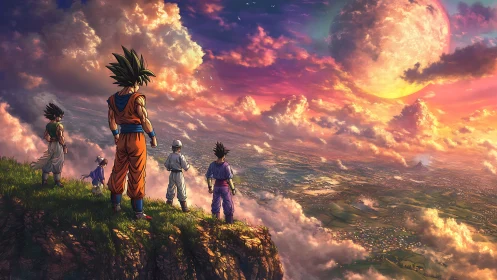 Anime heroes watch a blazing cosmic sunset over vast plains