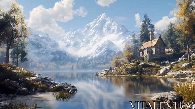 Quiet stone chapel listens to snowy peaks across the lake