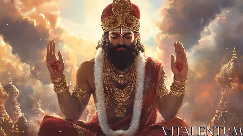 Regal sage in radiant meditation amid divine cloud temples.