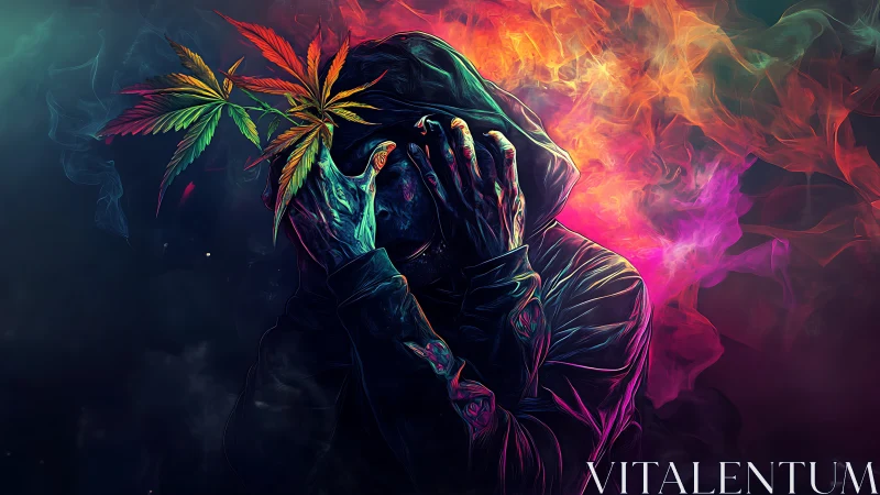 Hooded figure with neon smoke and cannabis leaves.