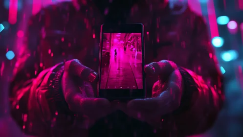 Neon city phone scene glows gently in vivid pink rain