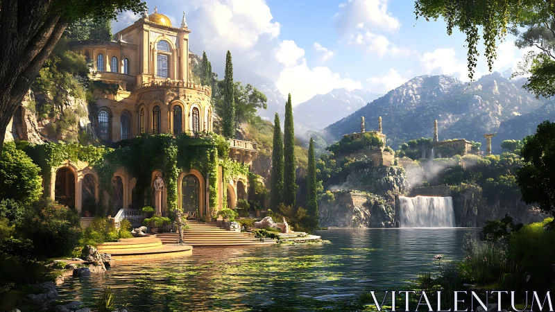 Sunlit lakeside palace anchors lush classical valley