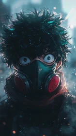 Masked anime survivor with icy bokeh and teal rim light.