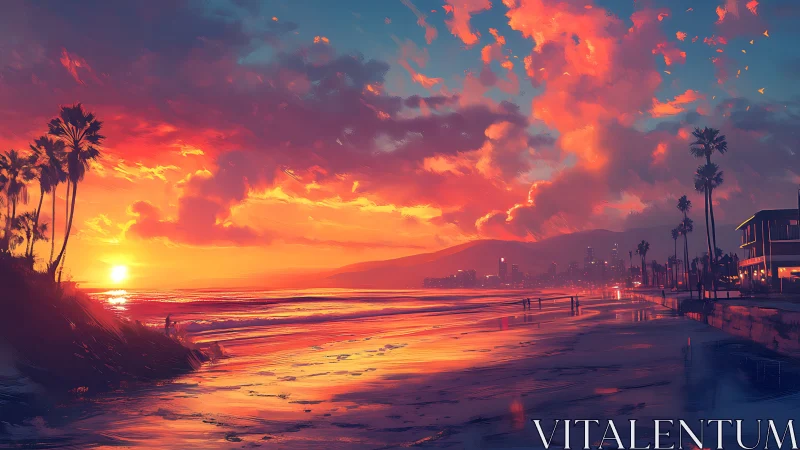 Sunset firestorm washes a neon city shore in molten light.