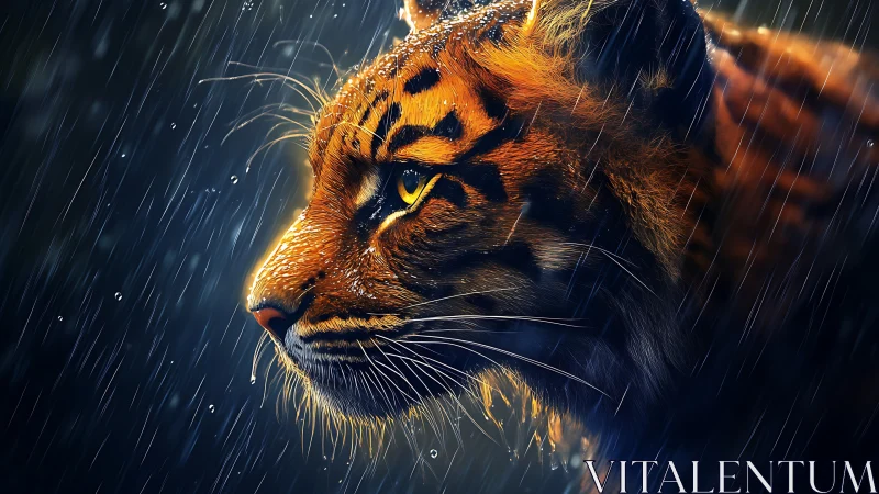 Hyperreal tiger profile in heavy rain with dramatic rim light