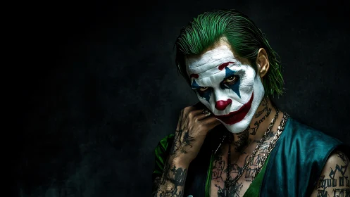 Ink scarred clown prince broods in shadowed neon gloom.