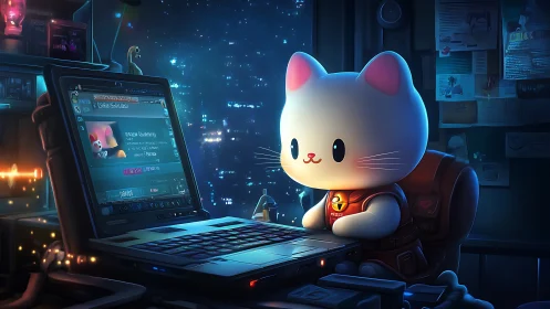 Cartoon cat operates laptop in dimly lit cyberpunk workspace