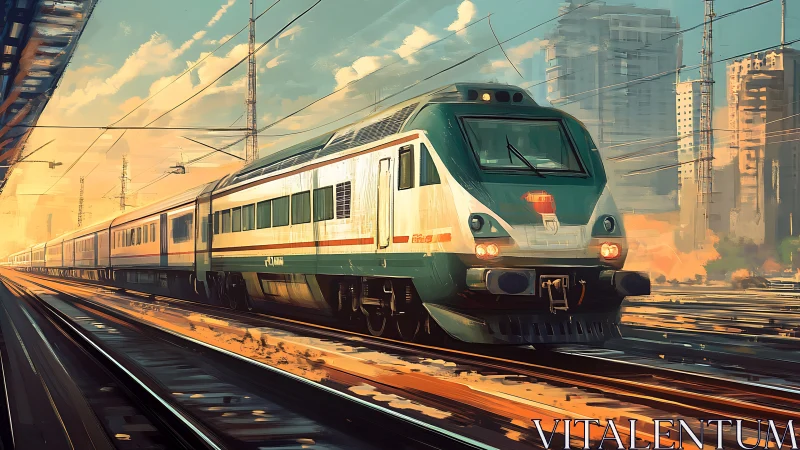 Modern passenger train speeding through sunlit city rails.