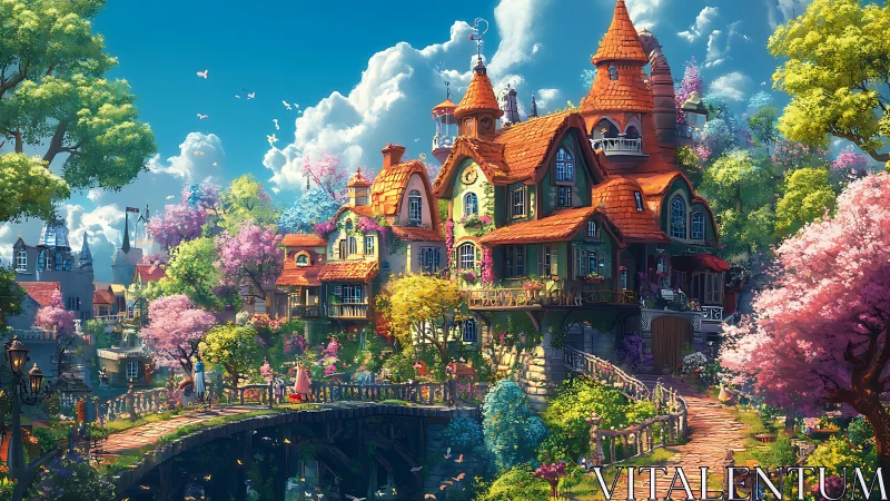 Whimsical riverside manor under vibrant spring foliage.