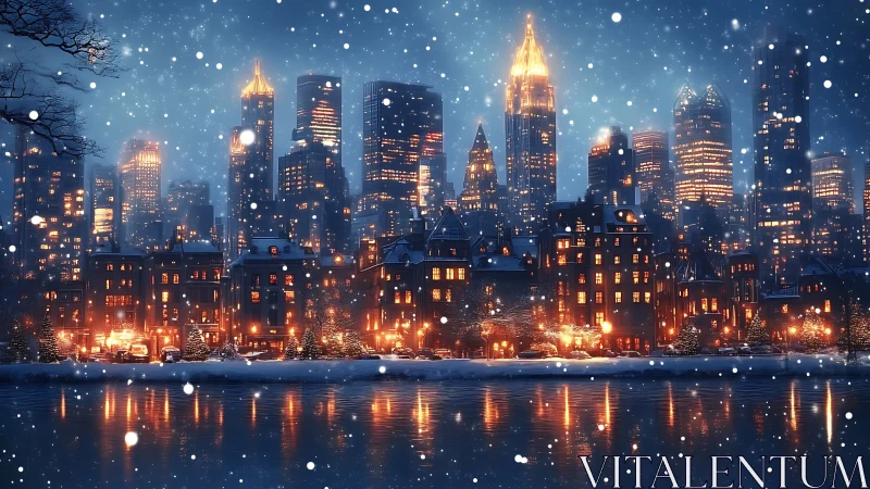 Snowy winter city skyline glows with warm festive lights