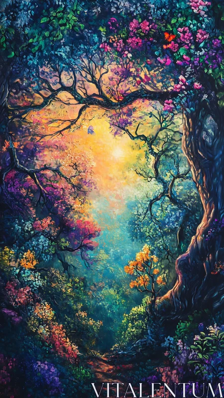 Vibrant enchanted forest path under glowing sunset sky