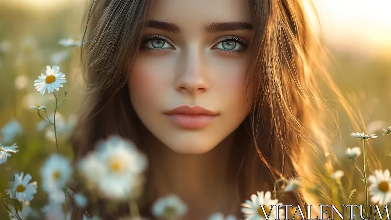 Shallow‑depth portrait renders soft bokeh around flowered field