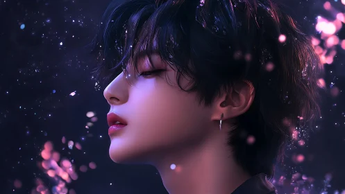 Digital painting portrait with ethereal bokeh and side profile focus.