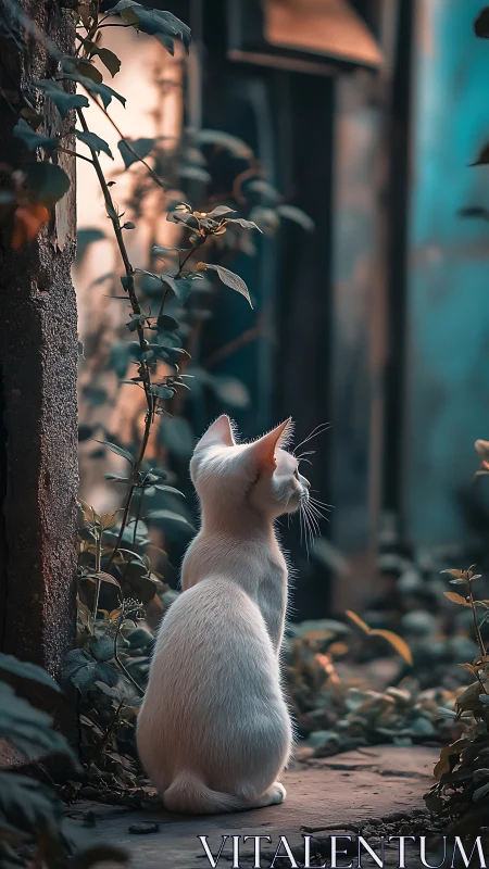 White cat gazing upward at climbing vines.