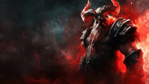 Horned fire warrior standing boldly in swirling cosmic smoke.