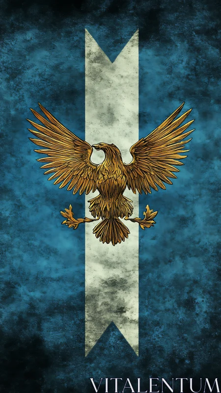 Heraldic golden eagle unfurls wings on storm blue banner.