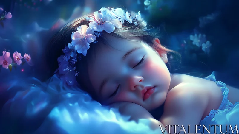 Serene child resting beneath ethereal blue floral wreath.