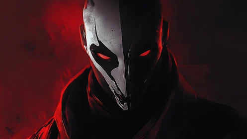 Symmetrical cybernetic mask silhouette with saturated red rim light