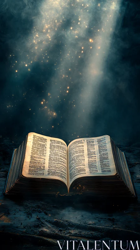 Open illuminated book lies on dark surface under vertical light