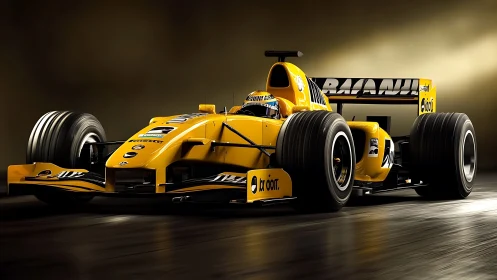 Yellow Formula race car under dramatic studio lighting.