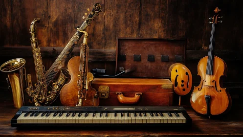 Studio still life of mixed acoustic instruments and keyboard