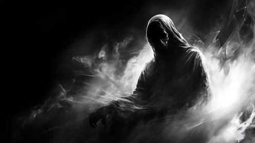 Spectral hooded entity emerging from turbulent monochrome vapor.