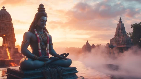 Digital painting of serene deity before misty temple complex.