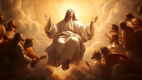 Radiant heavenly figure rising among awestruck followers.