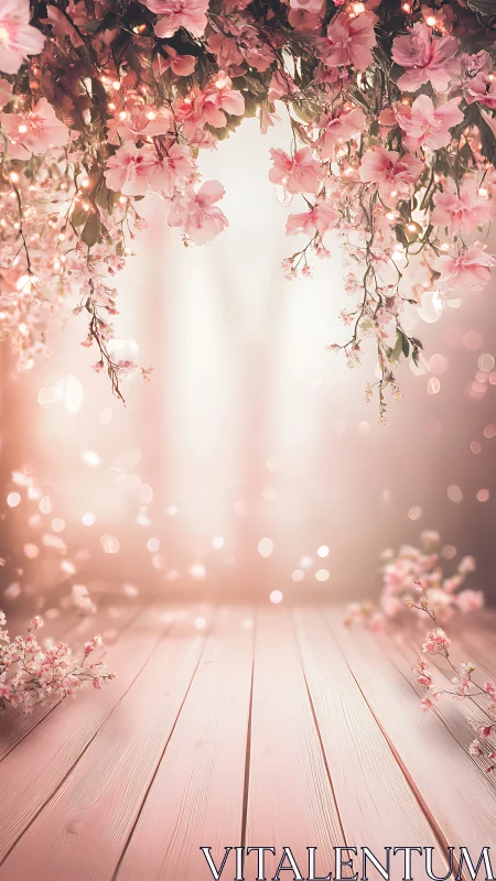 Hanging Pink Blossoms with Bokeh on Wooden Platform.
