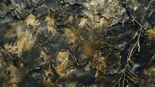 Burnt earth relief texture reveals stratified organic fragments