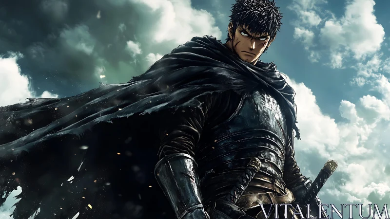 Storm-lit lone swordsman wrapped in shadowed resolve.