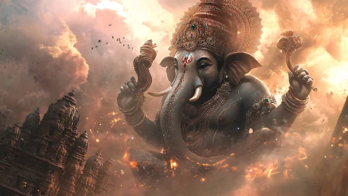 Colossal elephant-headed deity above temples in clouds.