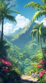 Sunlit jungle path winding toward misty emerald peaks.