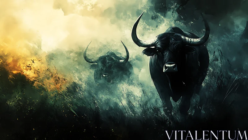 Charging buffalo in moody smoke filled wilderness scene.