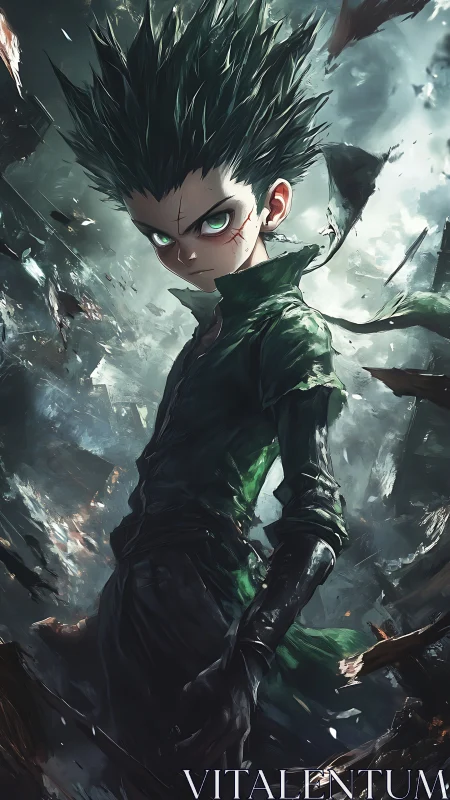 Dynamic anime portrait with turbulent post-apocalyptic framing.