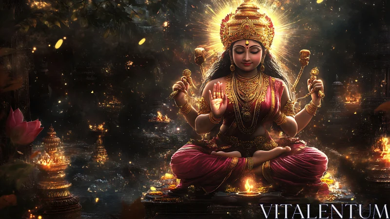 Hindu goddess figure sits in glowing multi armed meditation