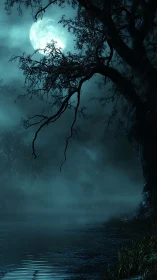 Moonlit swamp tree leans into fog and whispers to water