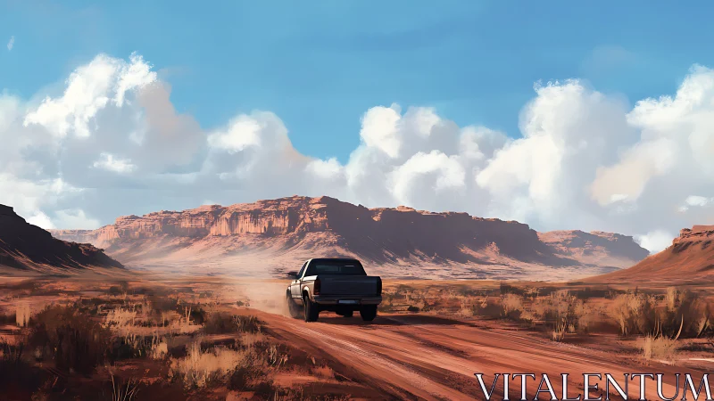 Pickup truck drives along dusty desert road toward mesas