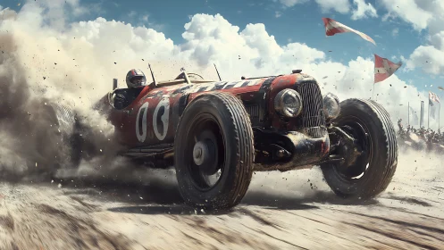 Vintage race car skids through dirt, kicking up dense dust