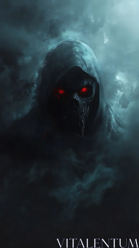 Hooded skeletal wraith emerges from dense swirling fog