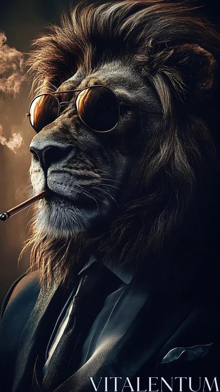 Anthropomorphic lion portrait in tailored suit and tinted aviators
