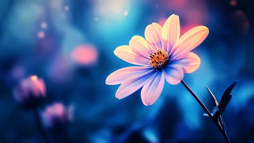Luminous Daisy Bloom Against Soft Blue Bokeh Background