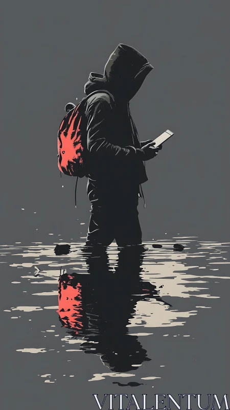 Hooded wanderer scrolling through rain-slick neon silence.