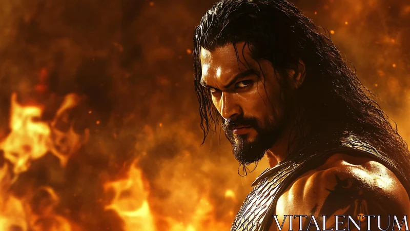 Smoldering warrior stands strong against a roaring firestorm